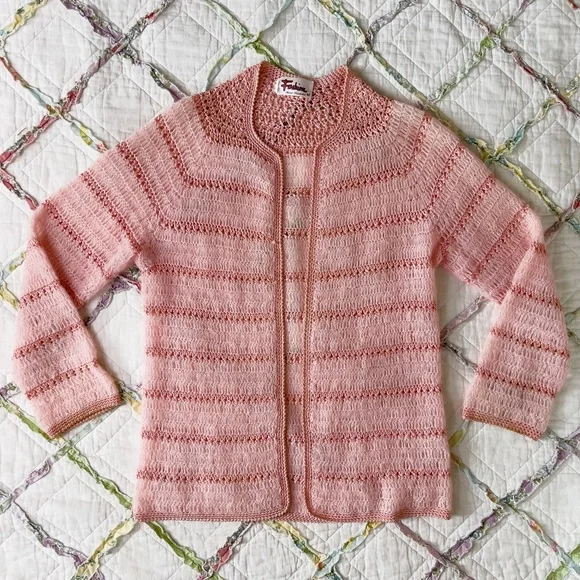 60s Baby Pink Long Sleeve Crochet Cardigan Sweater - Picture 1 of 8